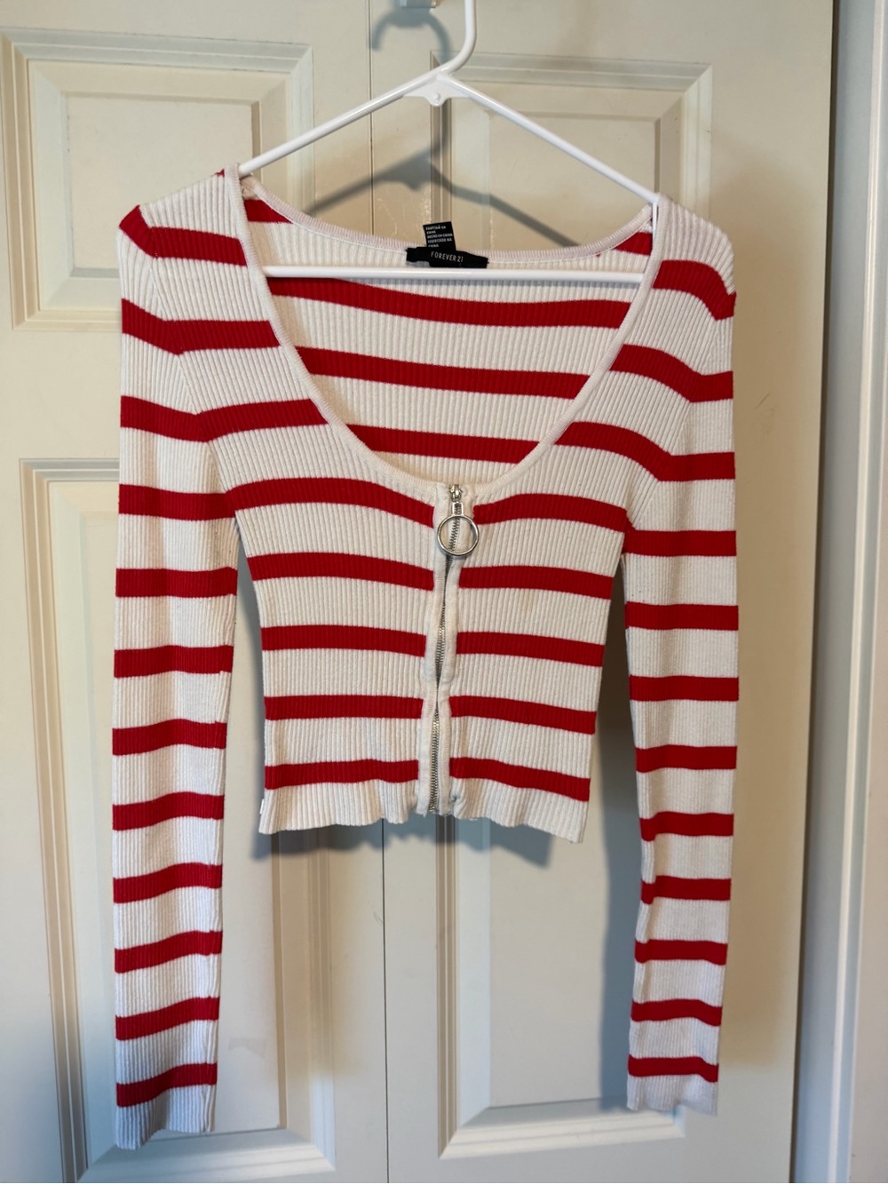 Forever 21 Red & White Striped Zip-Front Ribbed Long Sleeve Top